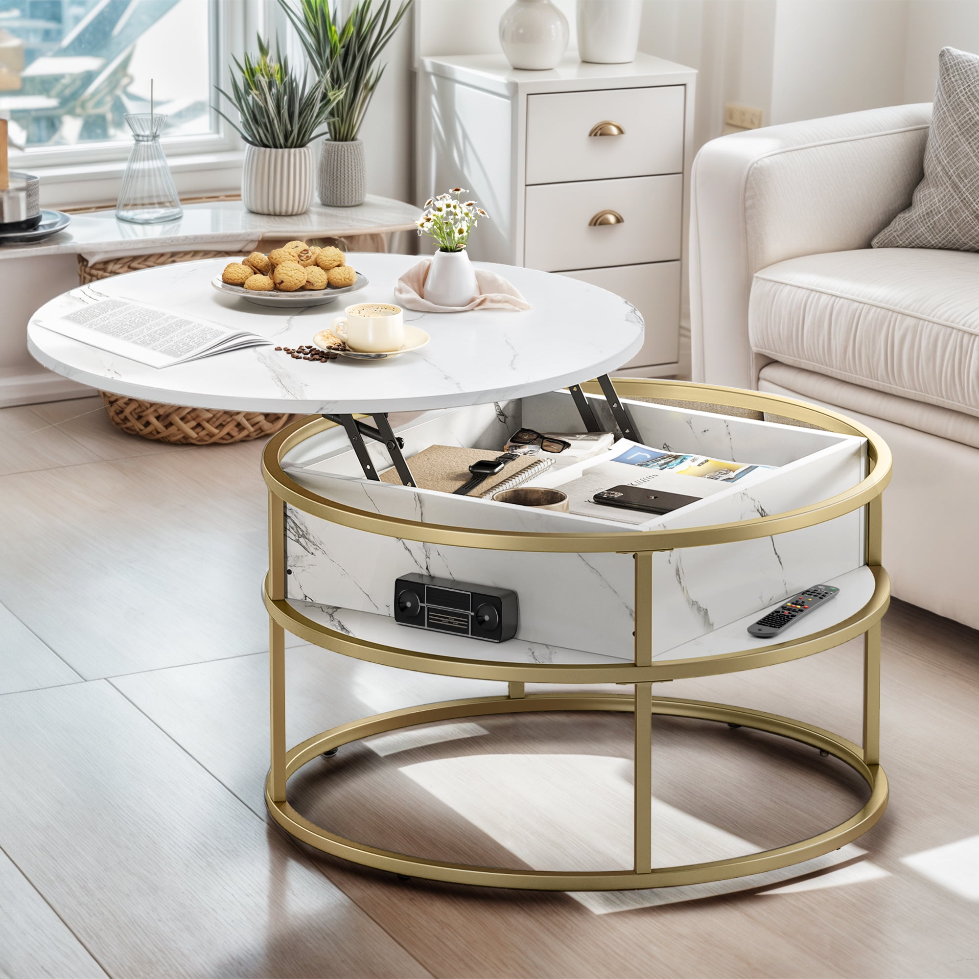 ModFusion White and Gold Marble Pattern Round Lift Top Coffee Table ...