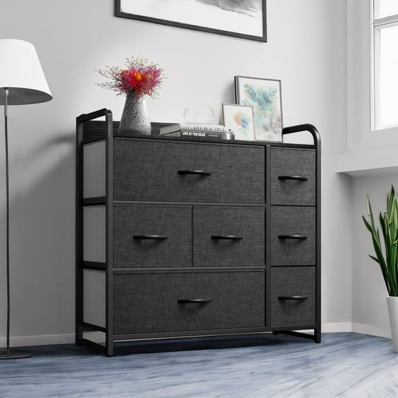 ModFusion Wide Dresser Storage, Fabric Organizer Tower with 7 Various Drawer Black