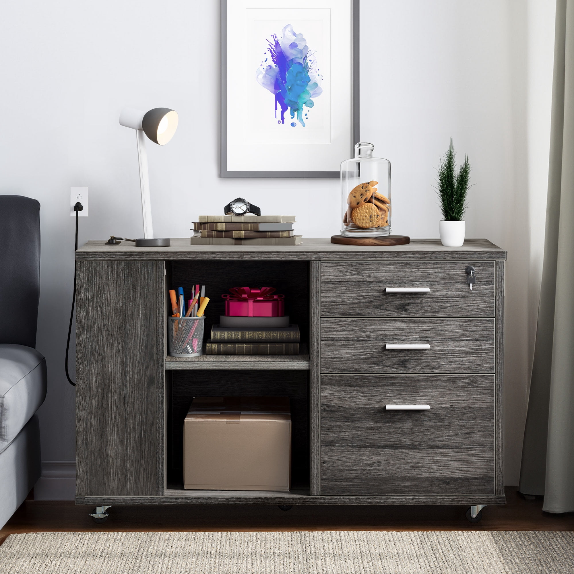 ModFusion File Cabinet with Charging Station, Lockable Drawer Adjustable Storage Shelf, Rolling Wheels with Locks, Wood Printer Scanner Lamp Stand, Rustic Charcoal Gray