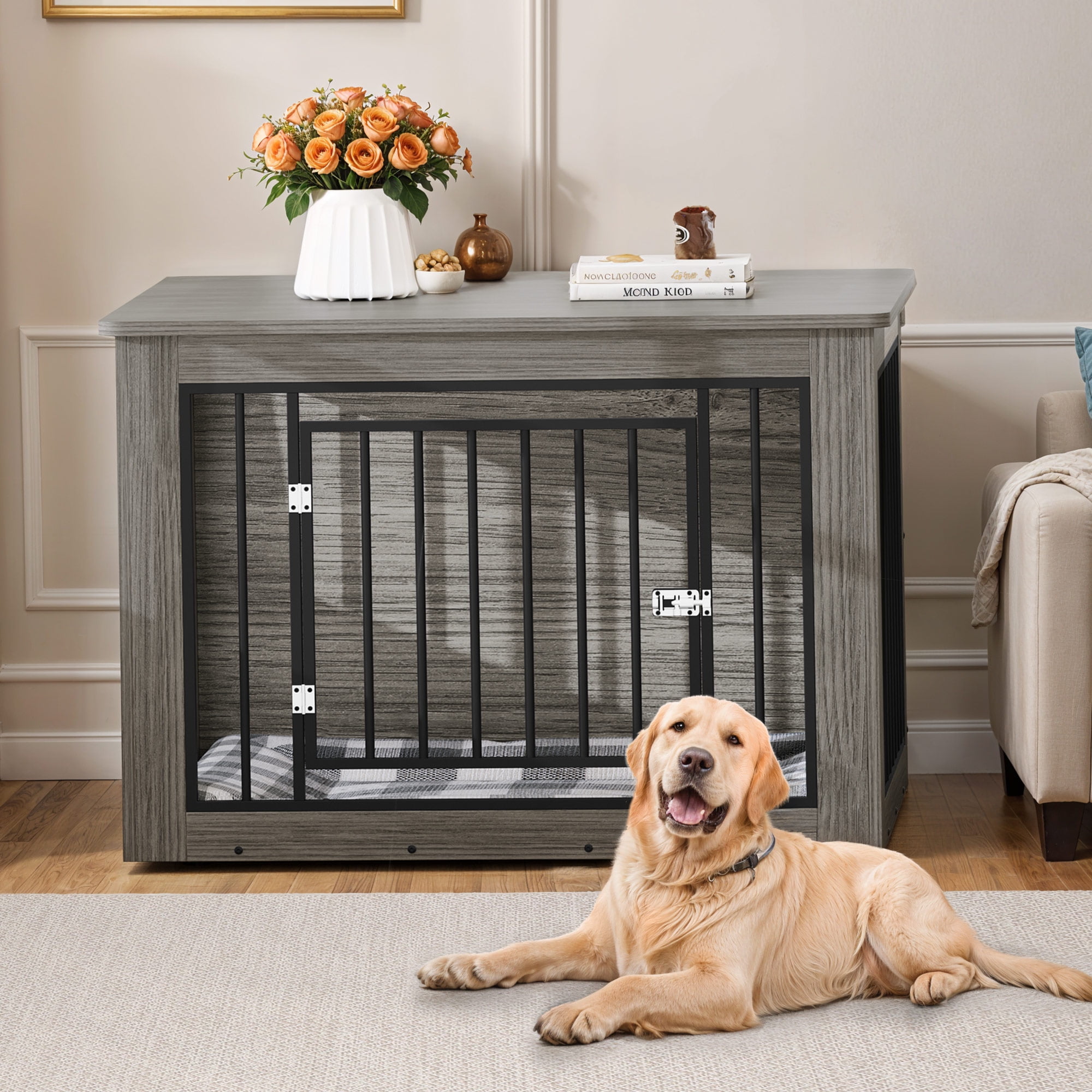 ModFusion XL Grey Rustic Wood Dog Crate: Elegant & Secure Furniture ... - Secure Dog Crate Toys For Dominant Breeds