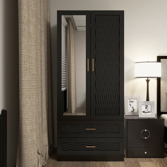 ModMakers 2-Door Wardrobe Armoire Closet, Modern Wood Wardrobe Storage Cabinet with Mirror & 2 Drawers, Black