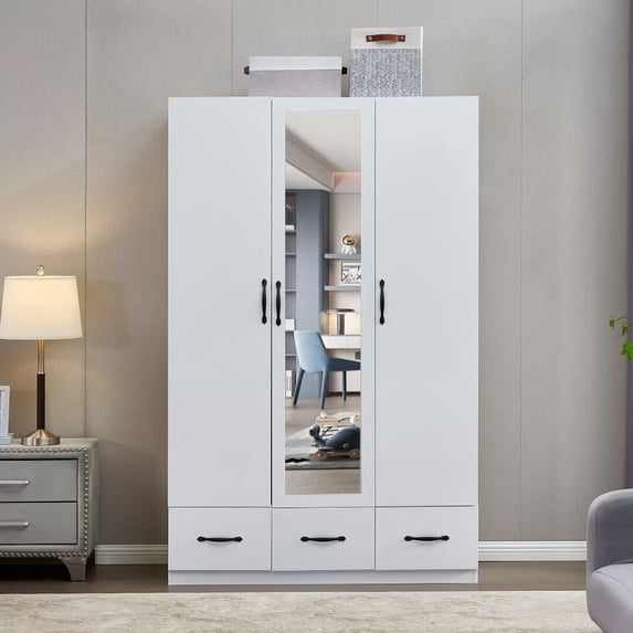 ModMakers 3-Door Wardrobe Armoire Closet with Mirror, Freestanding Wood Armoire Wardrobe Storage Cabinet with 3 Drawers & Hanging Robs