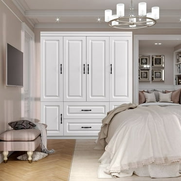 ModMakers 4 Door Wardrobe Armoire Closet, Modern Wood Wardrobe Storage Cabinet with Hanging Rods & Drawers, White