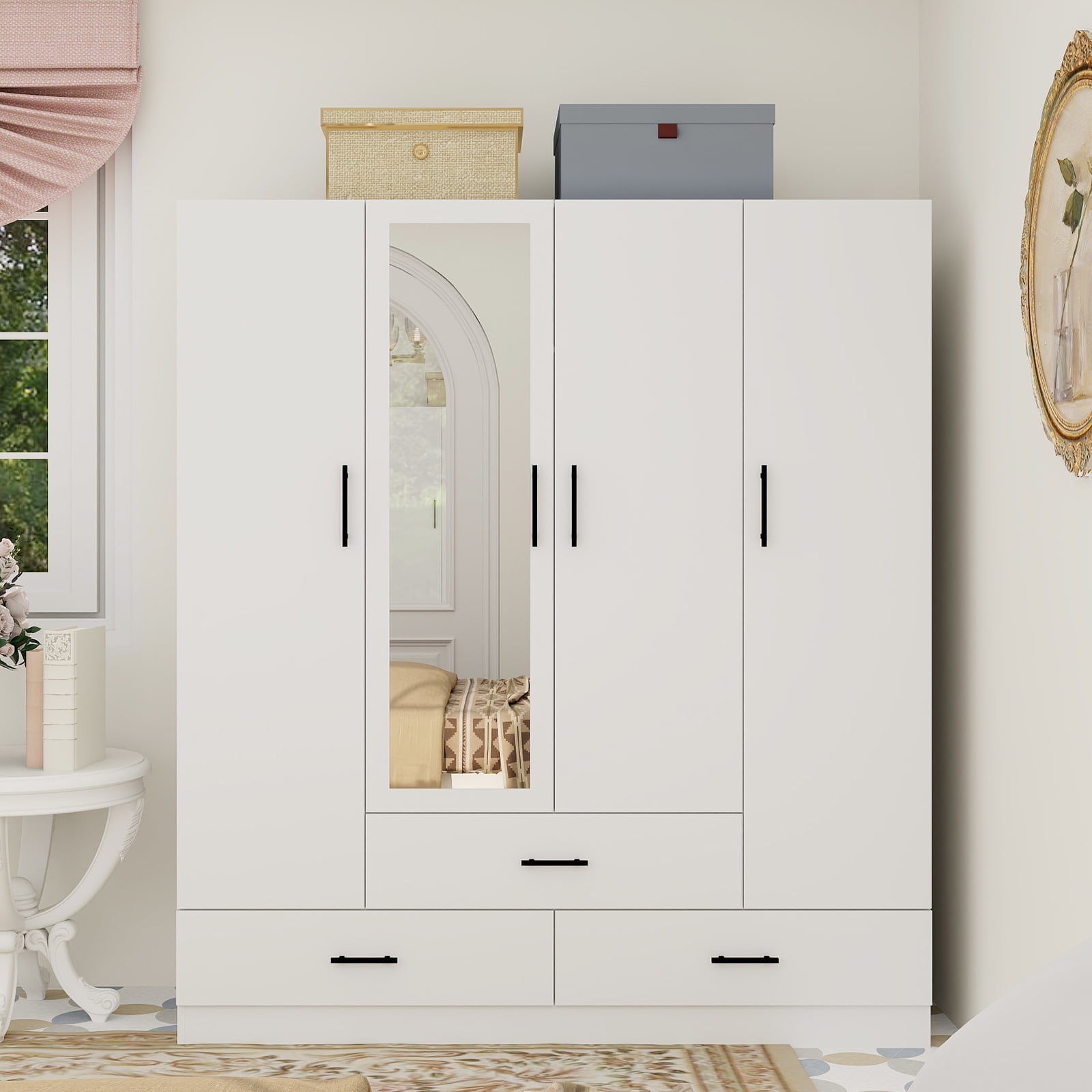 ModMakers 4 Door Wardrobe Armoire Closet with Mirror Freestanding Wood Armoire Wardrobe Closet with 3 Drawers Hanging Robs White Walmart