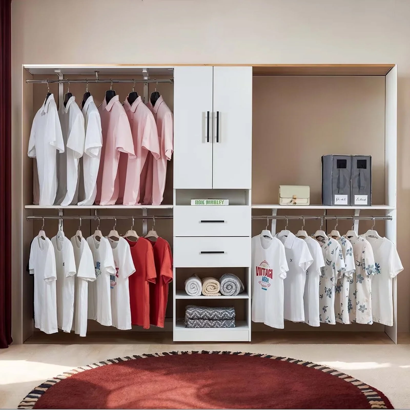 ModMakers 8FT Wood Closet System, Walk In Closet System with Drawers, Heavy Duty Clothes Rack with 3 Shelving Towers, Built In Closet Garment Rack With Max Load 1000 LBS, White