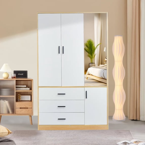 ModMakers Armoire Wardrobe Closet with Mirror, Modern Wood Wardrobe Closet w/ Hanging Rod & Drawers