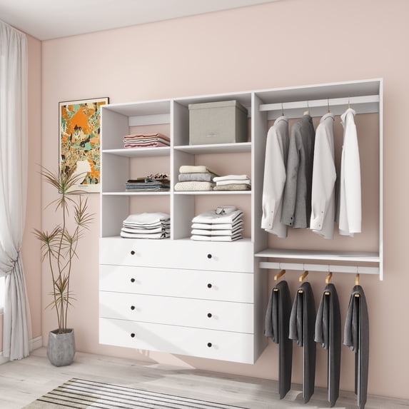 ModMakers Modular Closet System With 8 Drawers, Wood Closet Organizer and Storage System w/ 6 Shelves, White