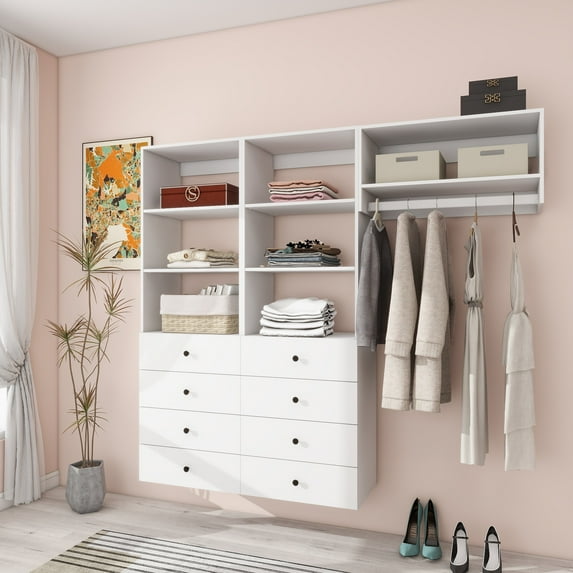 ModMakers Modular Closet System With 8 Drawers, Wood Closet Organizer and Storage System w/ Hanging Rods, White