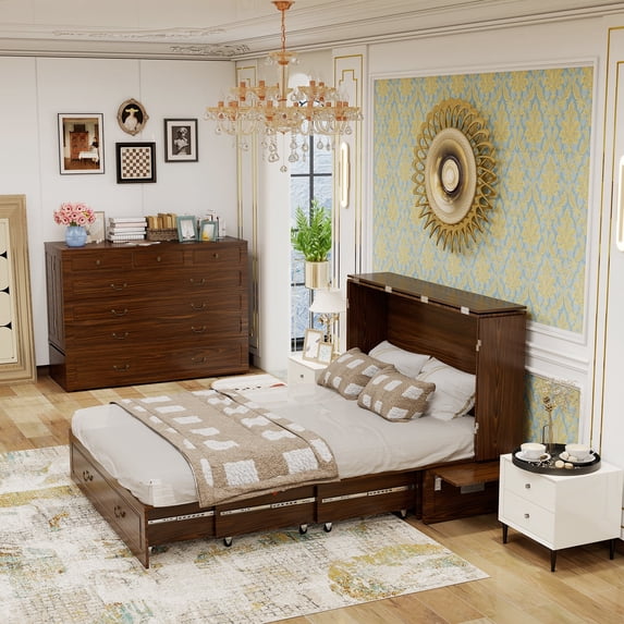 ModMakers Murphy Bed Cabinet, Queen Foldable Bed Chest with Drawers for Bed Room, Modern 2 in 1 Convertible Chest Bed with USB and Charging Ports for Adult, Easy Assembly, Brown