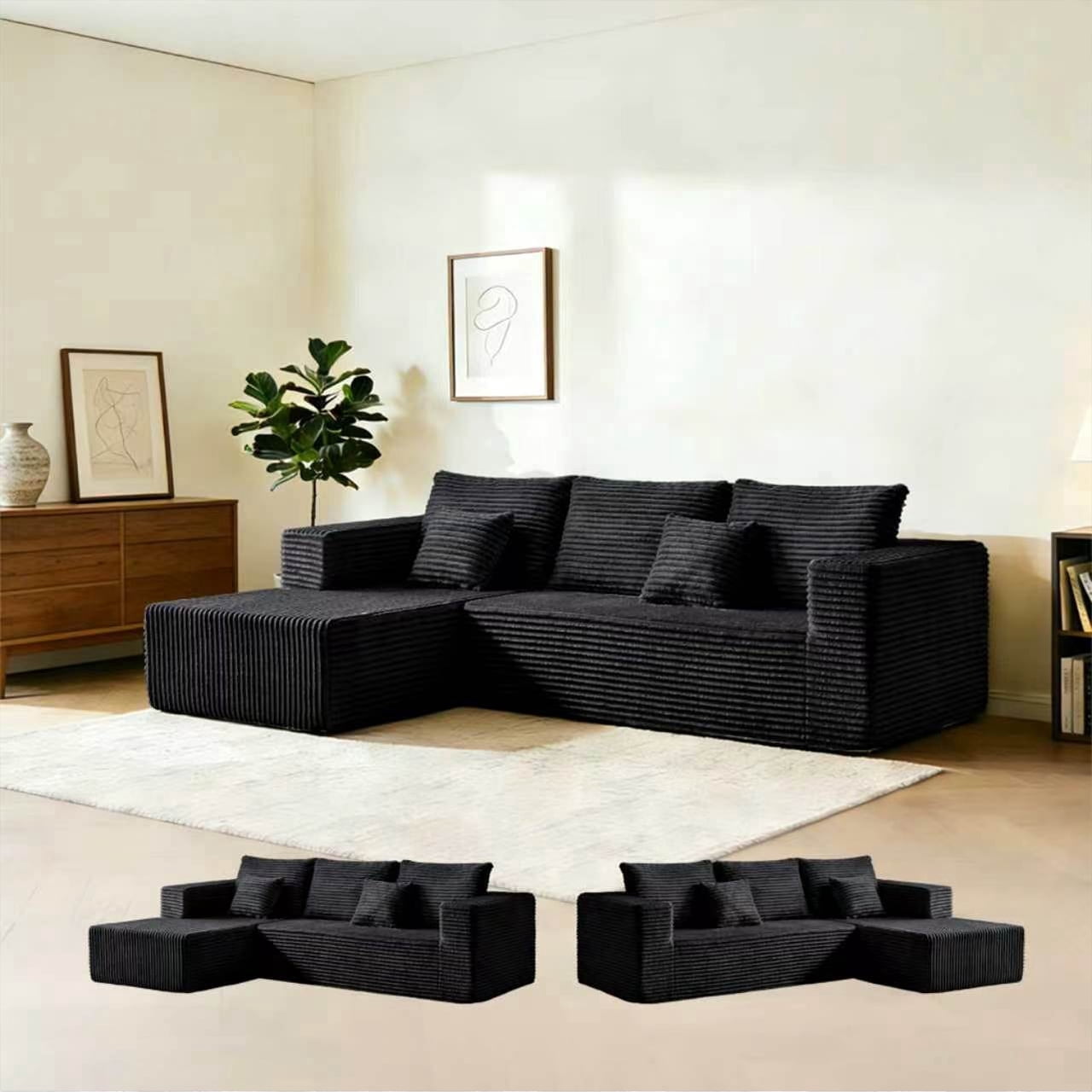 ModMood 106" Black Corduroy Boneless Modular Sectional Sofa, Cloud-Louch Deep Seat Sofa with Left Chaise for Living Room & Bedroom（L-Shaped Left Facing Chaise）