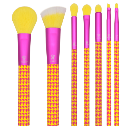 Moda Brush Pink and Yellow Houndstooth 7-Piece Makeup Brush Kit