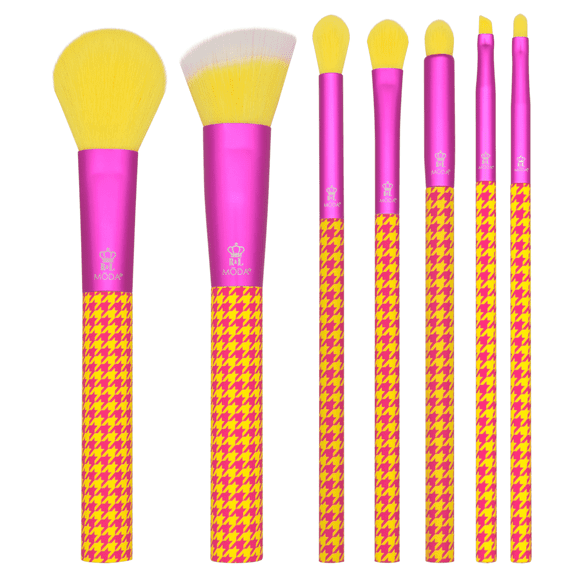 Moda Brush Pink and Yellow Houndstooth 7-Piece Makeup Brush Kit