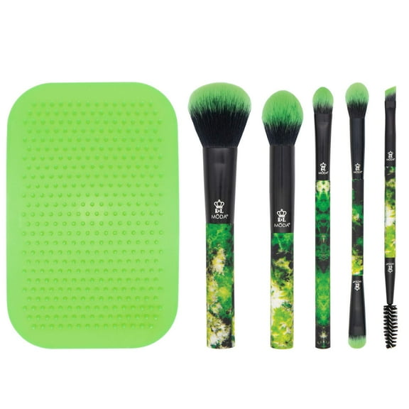 Moda Brush Neon Green Tie Dye 6pc Makeup Brush Set with Scrubby