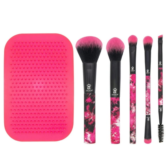 Moda Brush Neon Pink Tie Dye 6pc Kit with Scrubby Makeup Brush Set