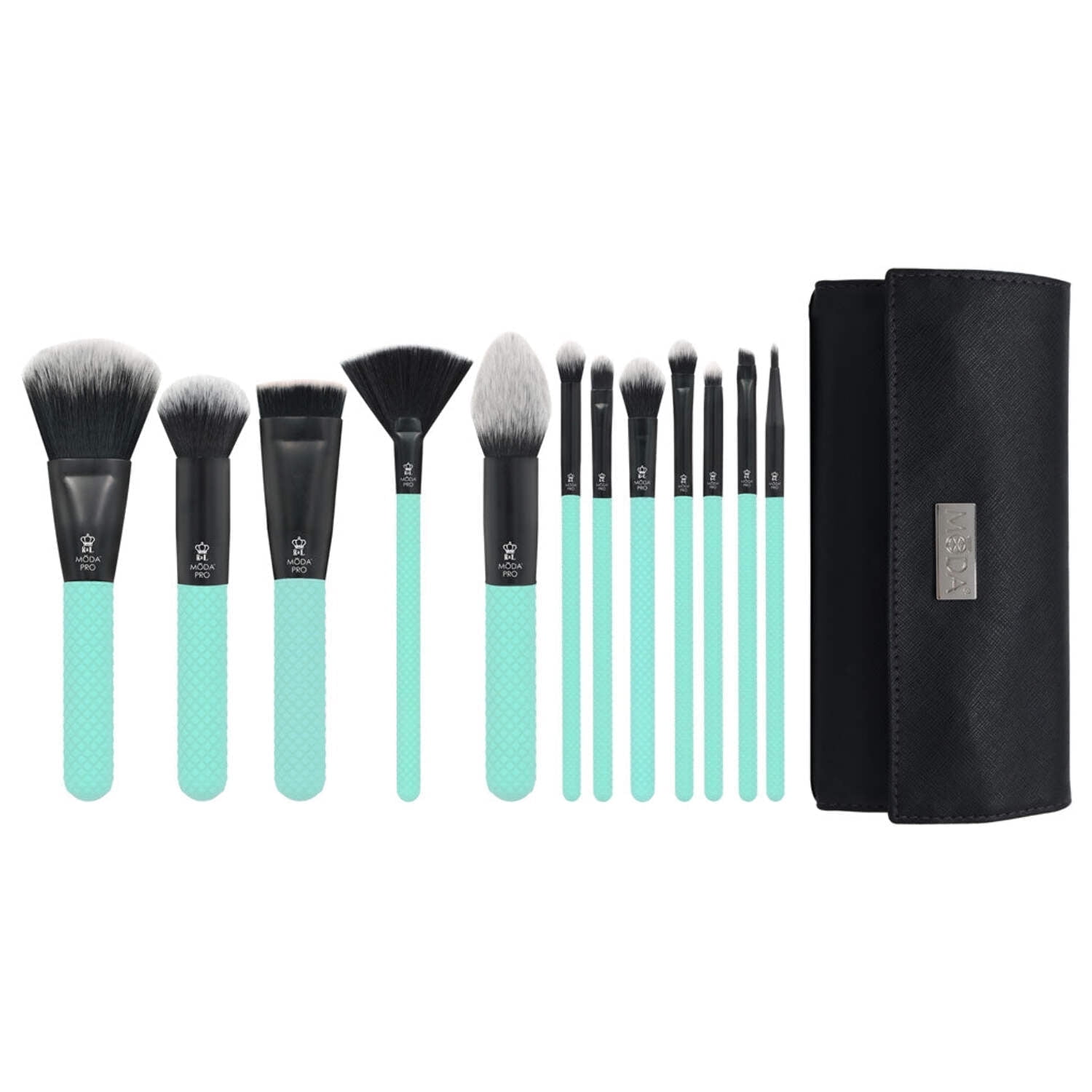 Moda Brush Pro Full Face 13pc Aqua Makeup Brush Set with Wrap