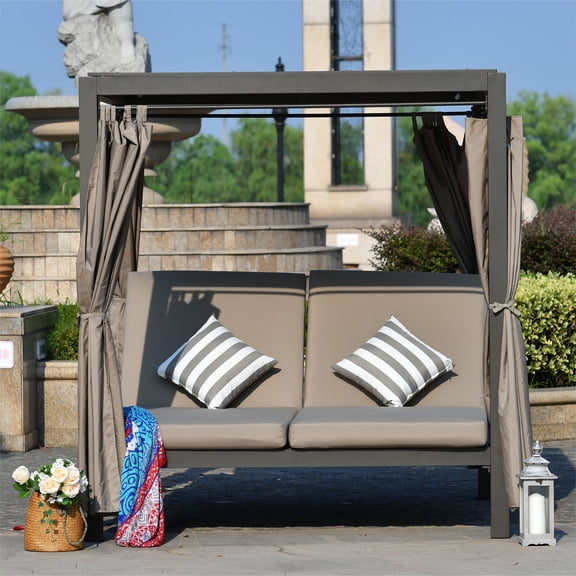 Moda Furnishings Outdoor Steel Frame Adjustable Sun Lounger with Canopy