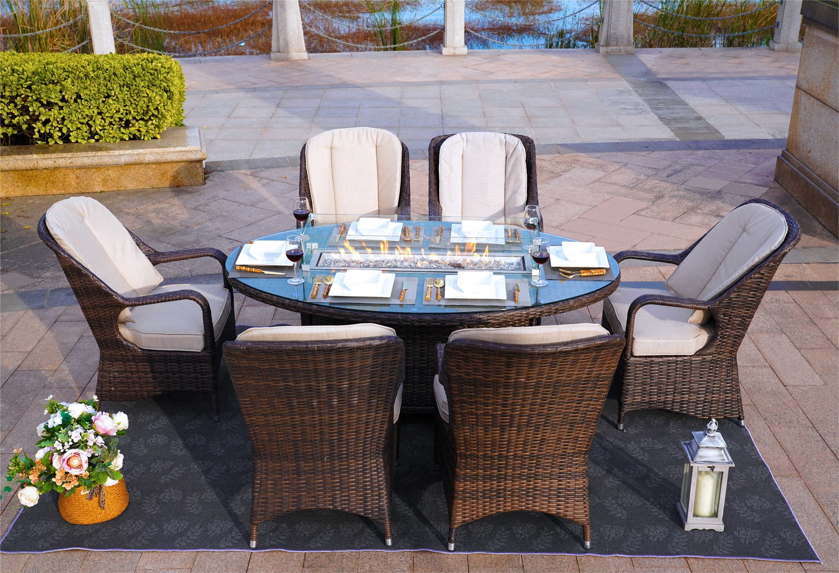 Moda Furnishings Patio Wicker Oval Gas Firepit Sets for Garden in the Outdoor