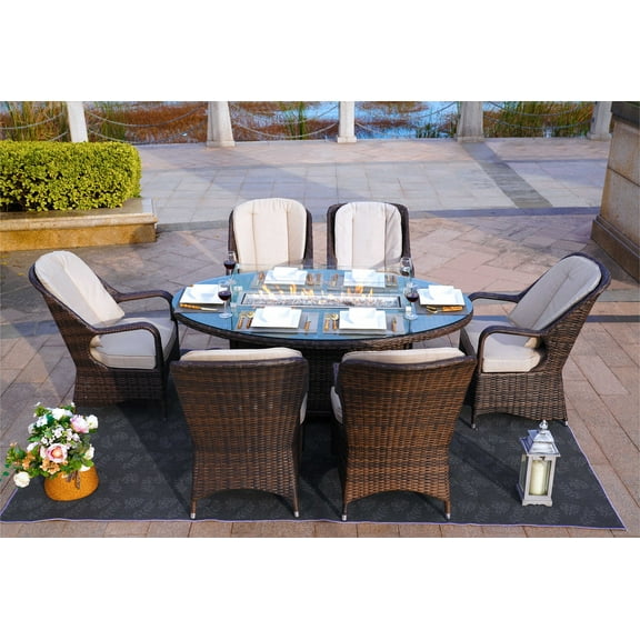 Moda Furnishings Patio Wicker Oval Gas Firepit Sets for Garden in the Outdoor