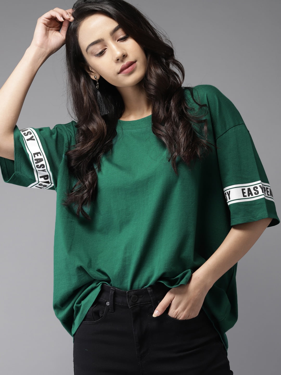 Moda Rapido - By Myntra Casual T-Shirts For Women Green Solid Round Neck  Short Sleeves Regular Pure Cotton Ready to Wear T-shirt Clothing