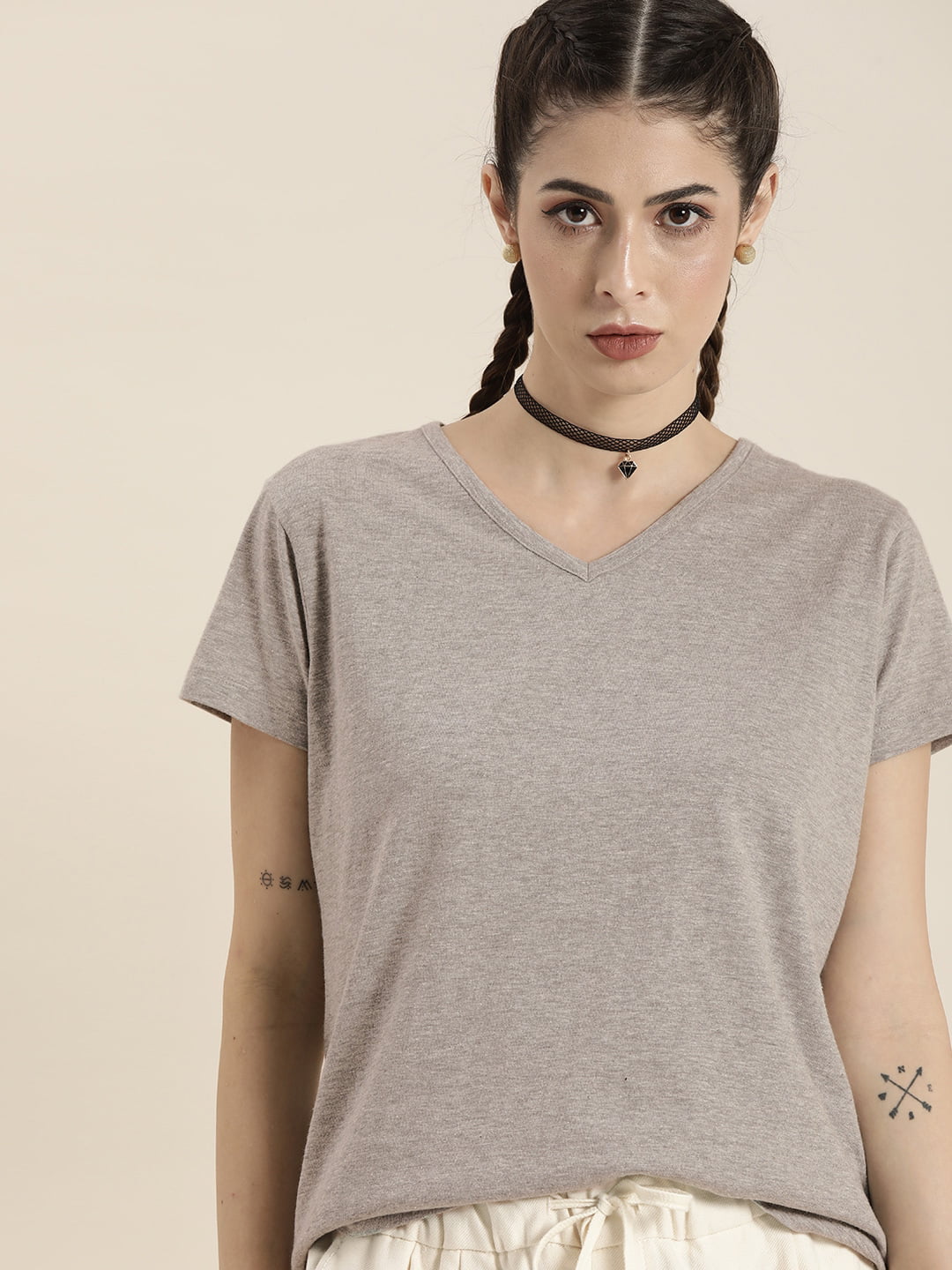 Moda Rapido - By Myntra Casual T-Shirts For Women Grey V-Neck Short Sleeves  Regular Solid Pure Cotton Ready to Wear T-shirt Clothing 