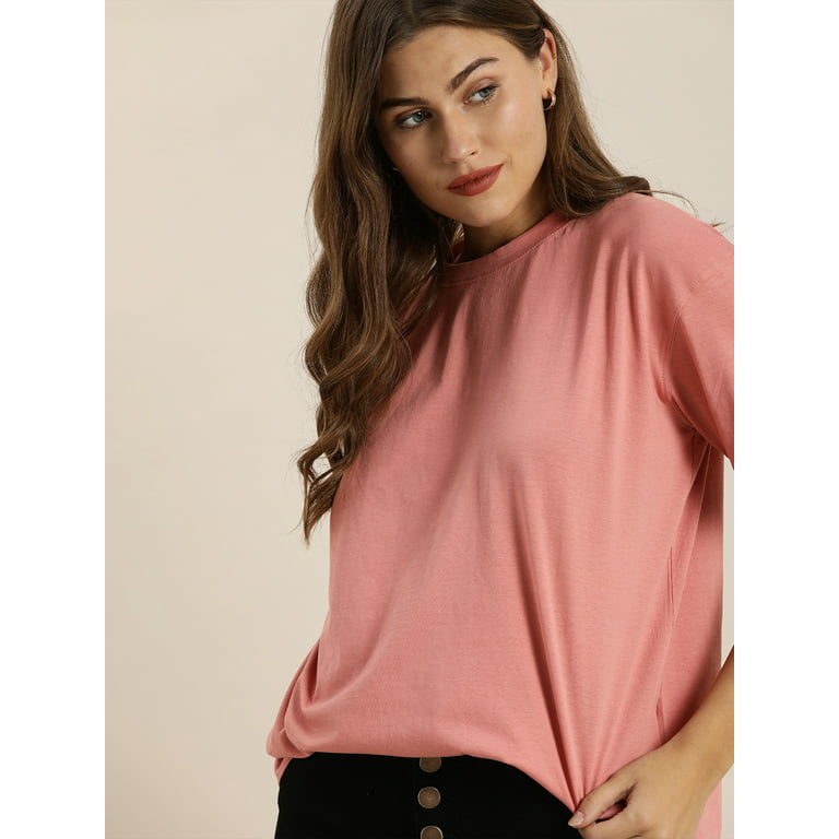 Moda Rapido - By Myntra Casual T-Shirts For Women Rose Short Sleeves  Regular Solid Pure Cotton Round Neck Ready to Wear T-shirt Clothing 
