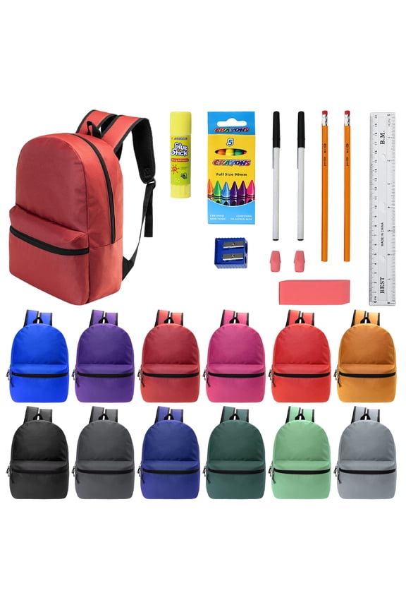 17 Inch Bulk Backpacks with 16 Piece School Supplies Kits - Pens, Pencils, Crayons - Case of 12 Wholesale Backpacks in 12 Assorted Colors