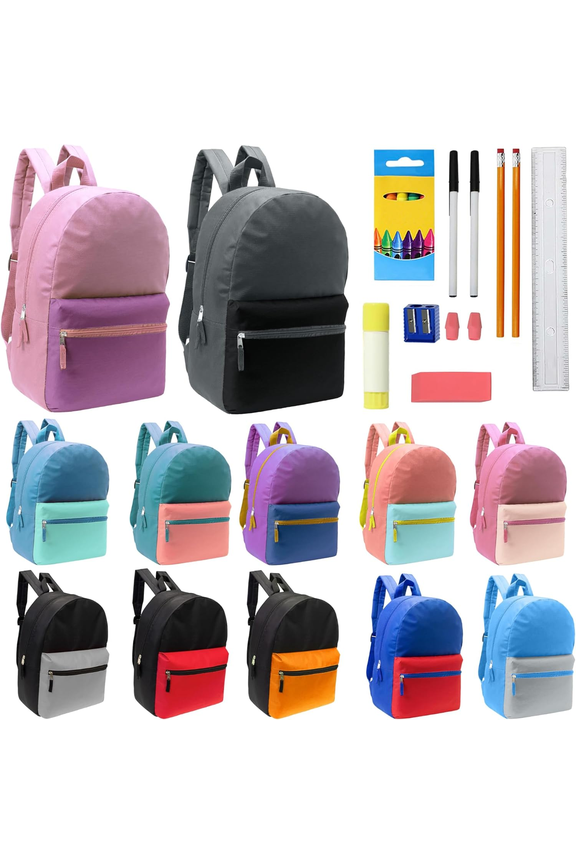 17 Inch Bulk Backpacks with 16 Piece School Supply Kit - Case of 12 Wholesale Backpacks in Assorted Colors 6 Boy 6 Girl