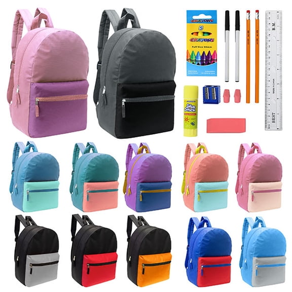 Moda West 17 Inch Bulk Backpacks with 16 Piece School Supply Kit - Case of 12 Wholesale Backpacks in Assorted Colors 6 Boy 6 Girl