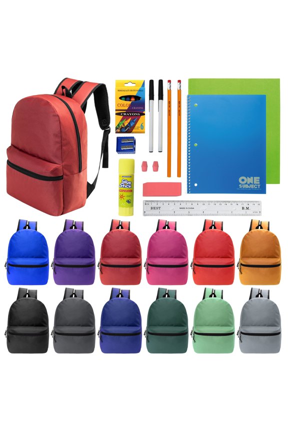 17 Inch Bulk Backpacks with 18 Piece School Supplies Kits - Pens, Pencils, Crayons - Case of 12 Wholesale Backpacks in 12 Assorted Colors
