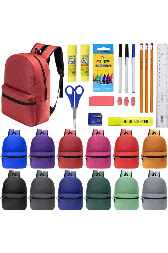 17 Inch Bulk Backpacks with 22 Piece School Supplies Kits - Pens, Pencils, Crayons - Case of 12 Wholesale Backpacks in 12 Assorted Colors