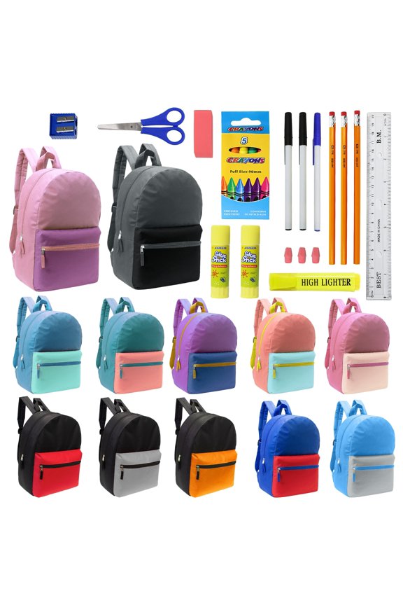 17 Inch Bulk Backpacks with 22 Piece School Supply Kit - Case of 12 Wholesale Backpacks in Assorted Colors 6 Boy 6 Girl