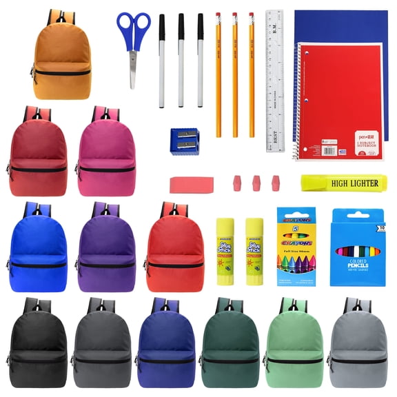 Moda West 17 Inch Bulk Backpacks with 34 Piece School Supplies Kits - Pens, Pencils, Crayons - Case of 12 Wholesale Backpacks in 12 Assorted Colors