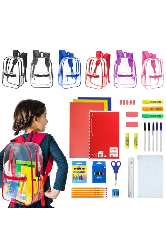 17 Inch Bulk Backpacks with School Supply Kit - Case of 12 Wholesale Backpacks Assorted Colors