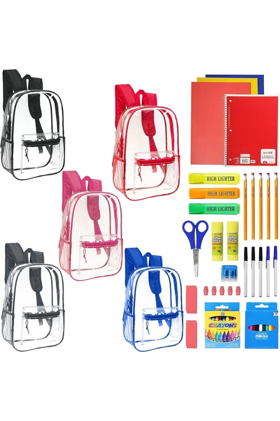 17 Inch Bulk Backpacks with School Supply Kit - Case of 12 Wholesale Backpacks Assorted Colors