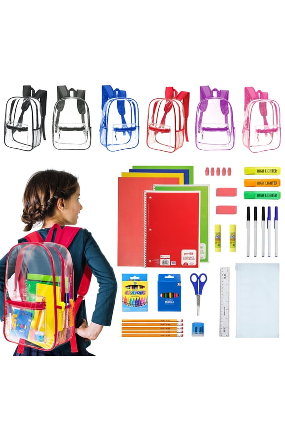 17 Inch Bulk Backpacks with School Supply Kit - Case of 12 Wholesale Backpacks Assorted Colors