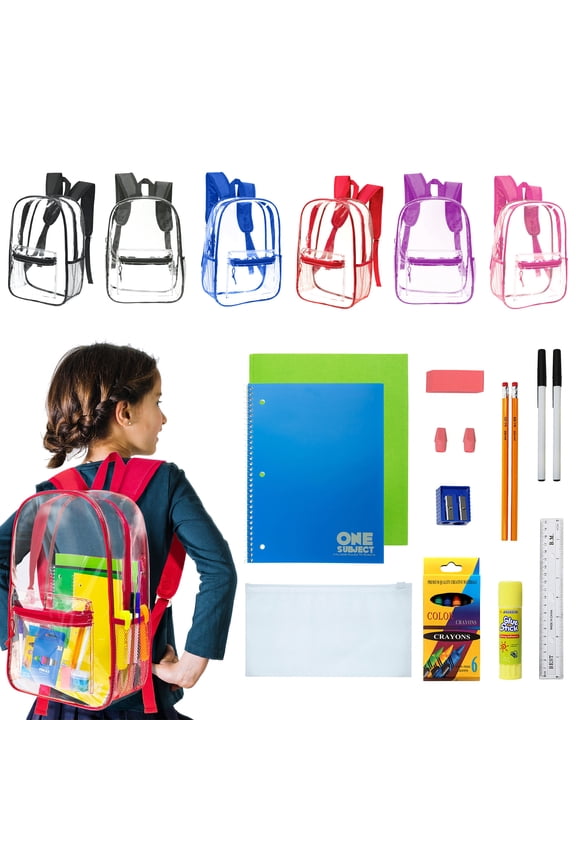17 Inch Bulk Backpacks with School Supply Kit - Case of 12 Wholesale Backpacks Assorted Colors