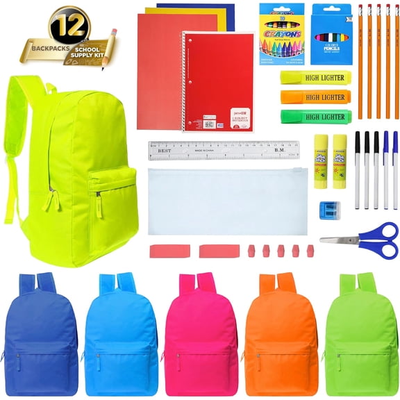 Moda West 17 Inch Bulk Backpacks with School Supply Kit - Case of 12 Wholesale Backpacks Assorted Colors