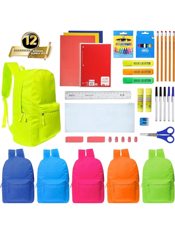 17 Inch Bulk Backpacks with School Supply Kit - Case of 12 Wholesale Backpacks Assorted Colors