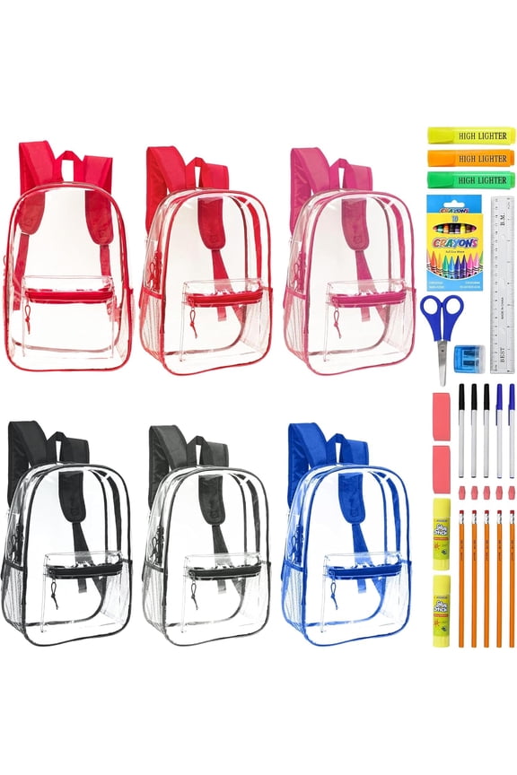 17 Inch Bulk Backpacks with School Supply Kit - Case of 12 Wholesale Backpacks Assorted Colors