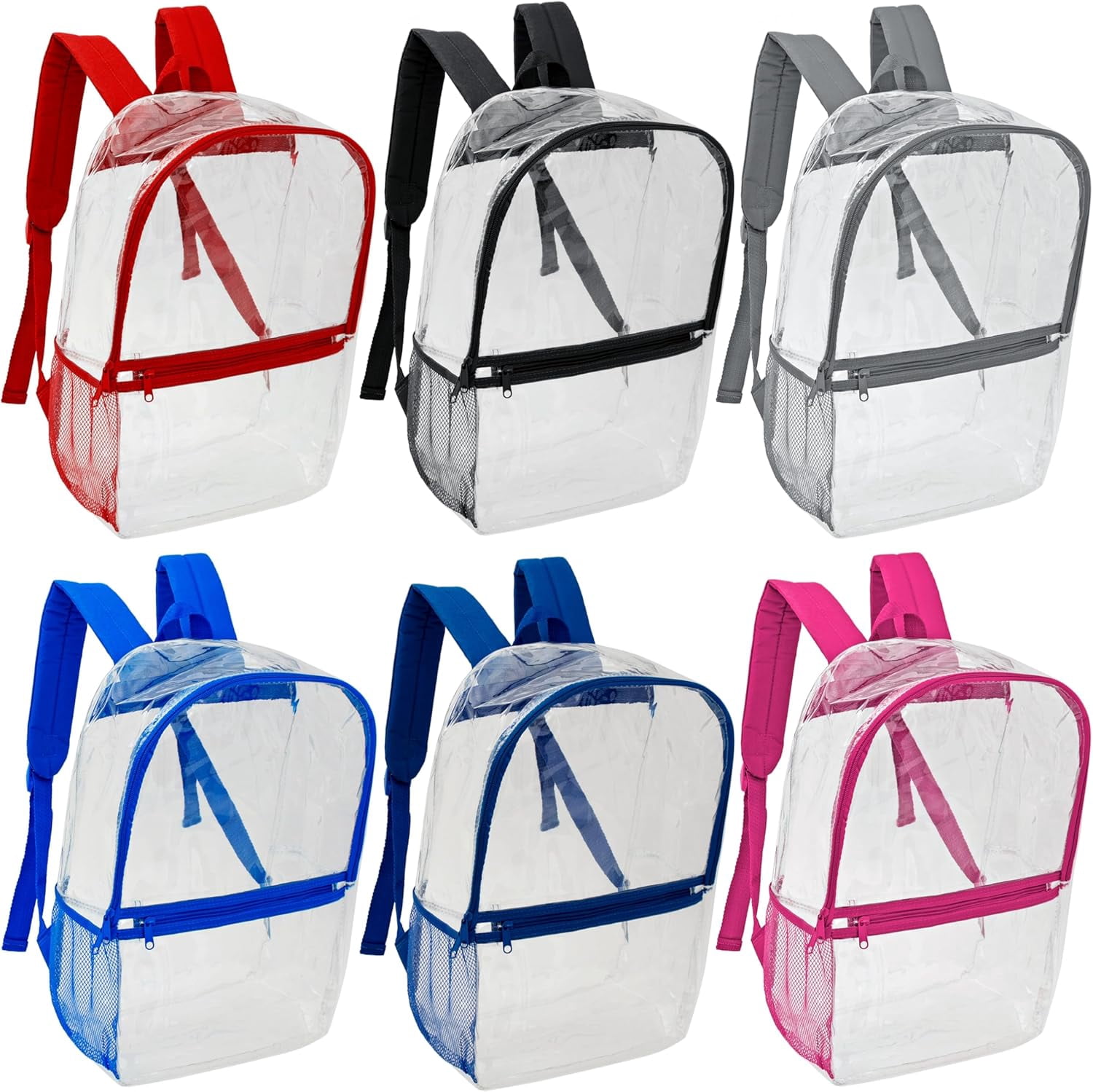 17” Wholesale Clear PVC Backpacks in Assorted Colors 24-Pack – Bulk Case of 24