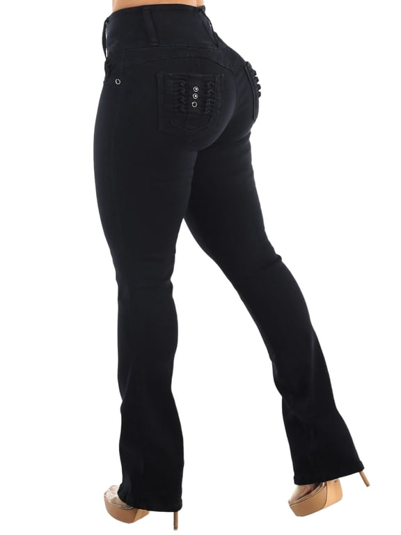 Women's Junior Butt Lifting High Waisted Black Stretch Bootcut Jeans 11043K