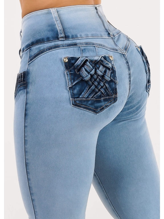 Women's Junior Butt Lifting Mid Rise Acid Wash Stretch Skinny Jeans 10916N