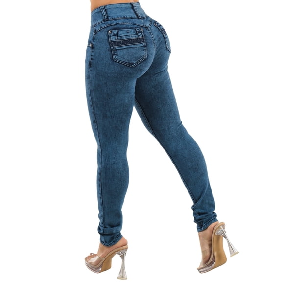 Moda Xpress Women's Junior Butt Lifting Mid Rise Stretch Skinny Jeans Dark Acid Wash 10395A