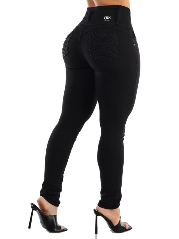 Women’s Junior Butt Lifting Stretch Mid Rise Black Denim Skinny Jeans 10745N