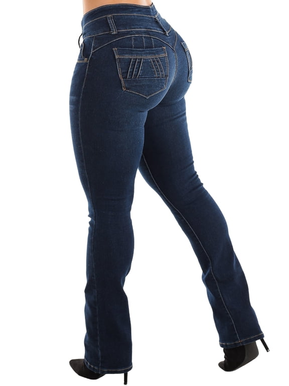 Women’s Junior Mid Rise Butt Lifting Dark Wash Stretch Bootcut Jeans 10261M