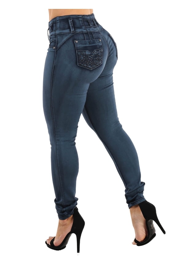 Women's Juniors Butt Lift Mid Rise Stretch Dark Acid Wash Skinny Jeans 10613X