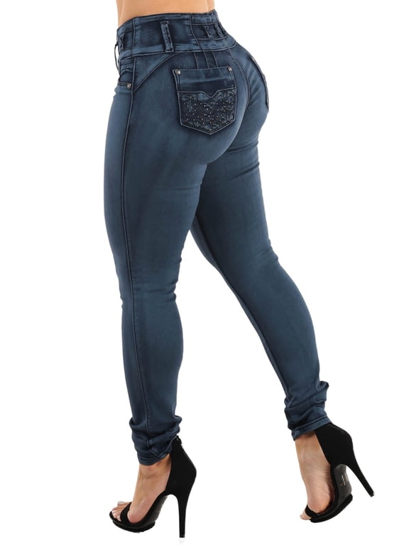 Women's Juniors Butt Lift Mid Rise Stretch Dark Acid Wash Skinny Jeans 10613X