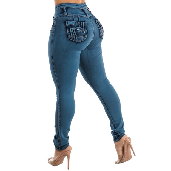 Moda Xpress Womens Juniors Butt Lifting Mid Rise Stretchy Skinny Jeans Blue Acid Wash 10192C