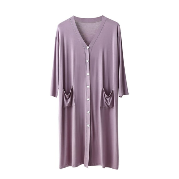 Modal Long Nightgown for Mens Front Buckle V Neck Pjs Tops Loose Fit Sleepwear Solid Basic Sleepwear with Pockets Bathrobe Ultra Soft Textured Quick Dry Loungewear