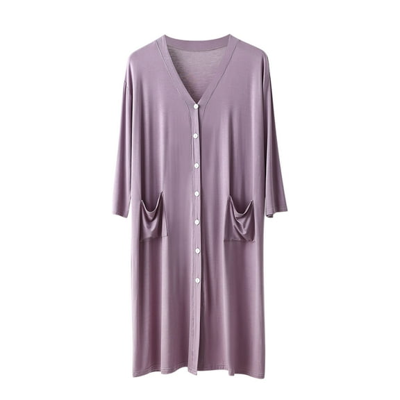 Modal Long Nightgown for Mens Front Buckle V Neck Pjs Tops Loose Fit Sleepwear Solid Basic Sleepwear with Pockets Bathrobe Ultra Soft Textured Quick Dry Loungewear